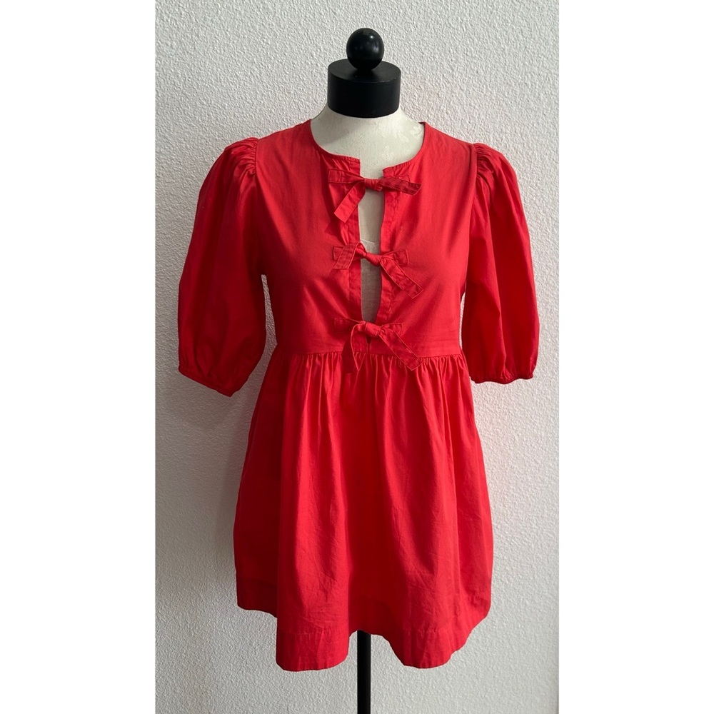 Band of the Free Mini Dress Sz Small Poppy Red Bow Ties Puff Sleeves Shirtdress